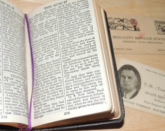 1920s Small bible in the original box with contents found within the pages