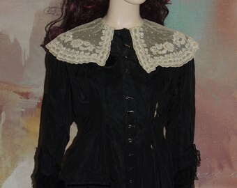 1880s Bustle Black Silk, lace and ribbon dress with Jet Buttons