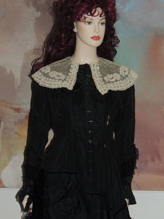 1880s Bustle Black Silk, lace and ribbon dress wi… - image 1