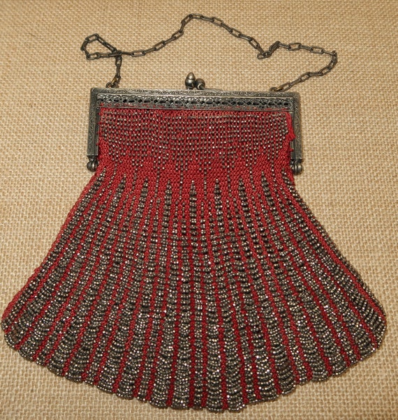 Antique Red Glass Beaded Crocheted Flapper Bag - image 1