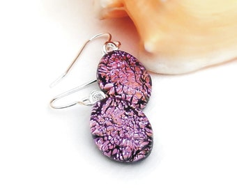 Magenta Rose Gold Dichroic Fused Glass Pendant and Earrings set D022