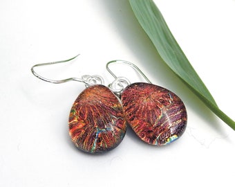 Russett Dichroic Glass Dangle Earrings on 925 Sterling Silver Earwires, Fused Glass Jewellery, Red Art Glass Drop Earrings