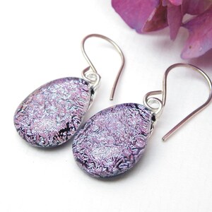 Purple Glass Dangle Earrings Dichroic Glass Drop Earrings Fused Glass Jewelry Mauve Earrings on 925 Sterling Silver Earwires image 4