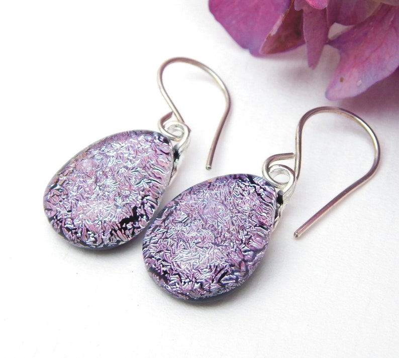 Purple Glass Dangle Earrings Dichroic Glass Drop Earrings Fused Glass Jewelry Mauve Earrings on 925 Sterling Silver Earwires image 4