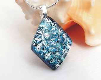 Mottled Silver and Teal Dichroic Glass Necklace, Fused Glass Jewellery,  Silver and Blue Art Glass Pendant