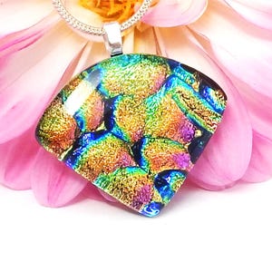 Russet and Rainbow Dichroic Glass Pendant, Fused Glass Jewellery, Art Glass Necklace, Mom Gift, Grandma Gift