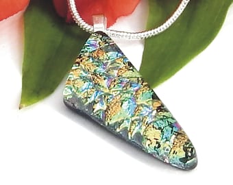 Golden Rainbow Dichroic Pendant - Fused Glass Jewelry - Glass Triangle Necklace