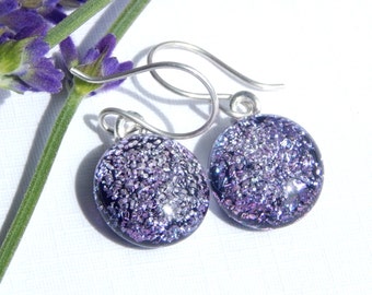 Silver Mauve Dichroic Glass Dangle Earrings on 925 Sterling Silver Earwires, Fused Glass Jewelry, Purple Art Glass Drop Earrings