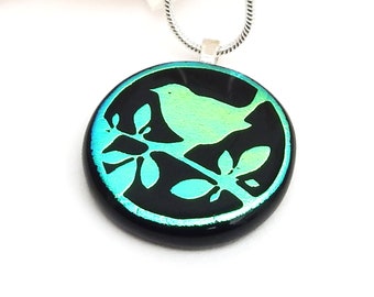 Wildlife Etched Dichroic Glass Pendant, Bird Glass Necklace, Golden Green Fused Glass Jewellery