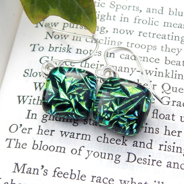 Rich Green Glass Earrings - Emerald Green Dichroic Glass Drop Earrings - Fused Glass Jewelry - Green Art Glass Dangle Earrings