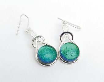 Emerald Green Fused Glass Knot Design Drop Earrings, Green Art Glass Dangle Earrings on 925 Sterling Silver Earwires