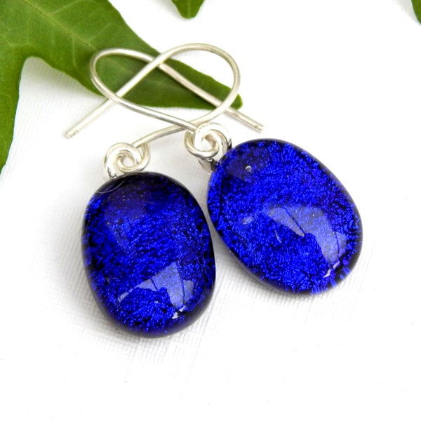 Cobalt Blue Dichroic Glass Drop Earrings, Fused Glass Jewelry, Royal Blue Art Glass Dangle Earrings on 925 Sterling Silver Earwires