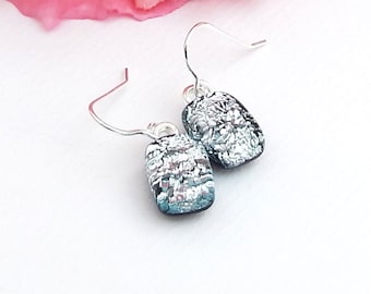 Silver Dichroic Glass Drop Earrings 925 Sterling Silver Earwires, Fused Glass Jewellery, Silver Art Glass Dangles