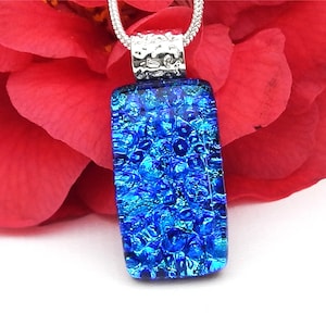 Blue and Green Dichroic Glass Pendant, Fused Glass Jewellery, Cobbles Pattern Art Glass Necklace