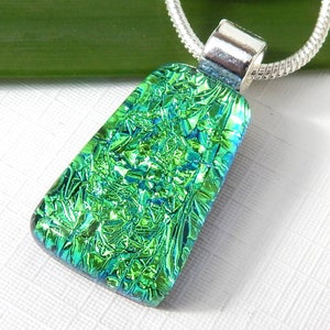 Emerald Green Dichroic Glass Pendant, Fused Glass Jewellery, Super Sparkly Green Art Glass Necklace, St Patricks Day Pendant