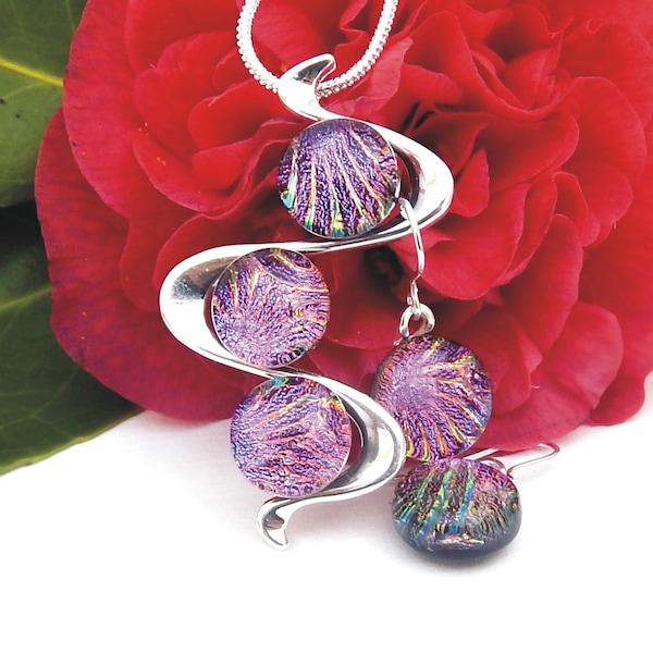 Vibrant Pink Purple Dichroic Glass Pendant Earring Set - Fused Glass Jewellery - Multi Pink Glass Necklace and Earrings