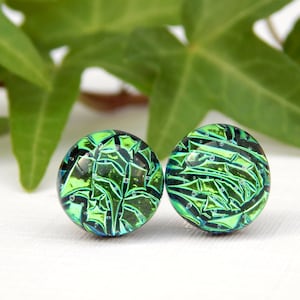 Emerald Green Dichroic Glass Sterling Silver Stud Earrings, Kelly Green Art Glass Post Earrings, Fused Glass Jewelry, St Patricks Day Studs