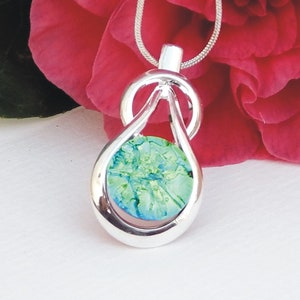 Emerald Green Dichroic Pendant - Fused Glass Jewelry - Green Art Glass Knot Pendant