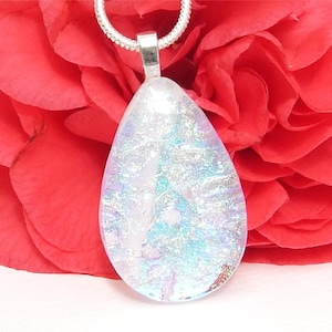 Pastel Blue and Gold Crystal Clear Dichroic Glass Pendant - Fused Glass Jewellery - Translucent Art Glass Necklace