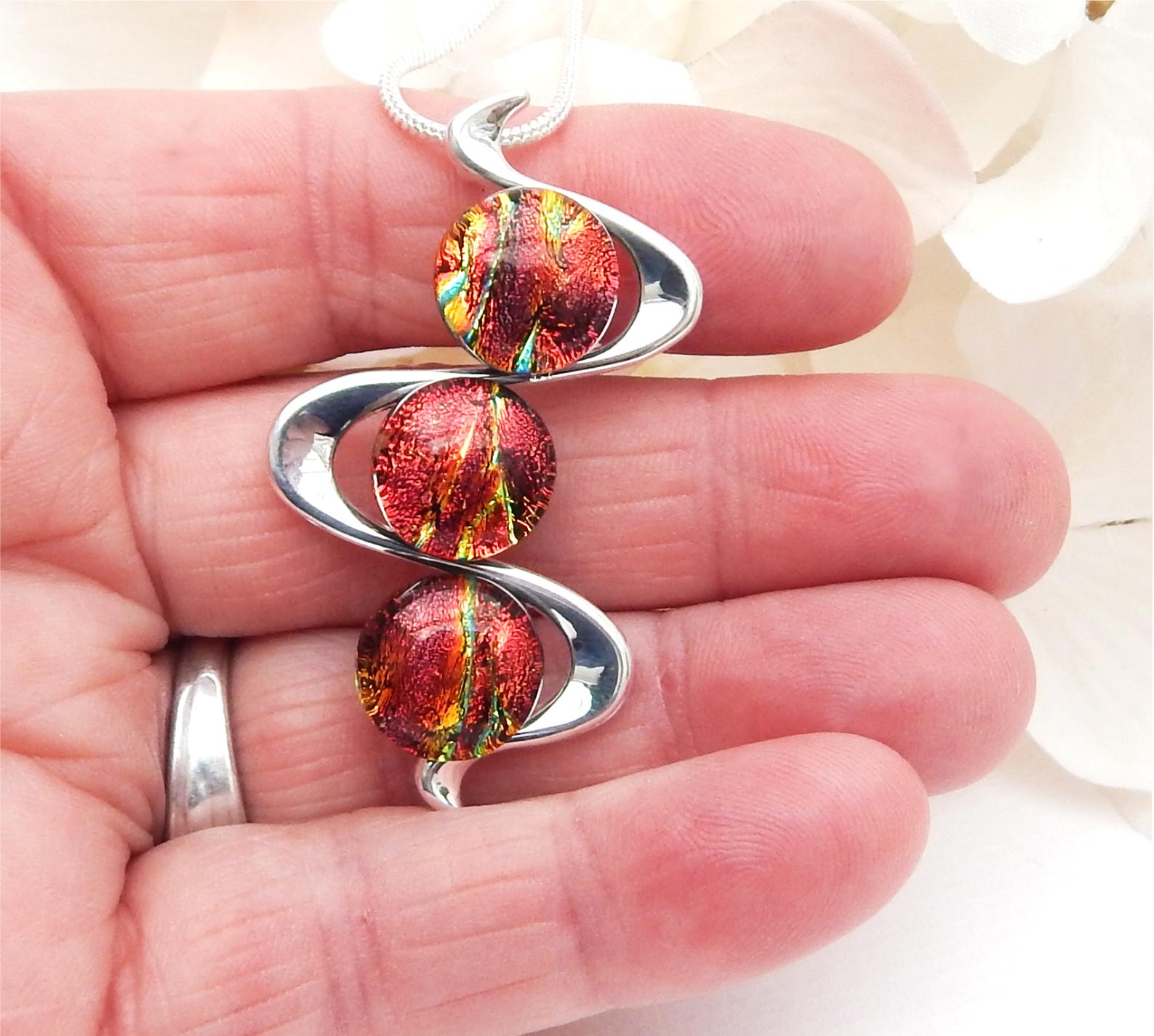 Vibrant Copper and Rainbow Ripple Dichroic Glass Pendant
