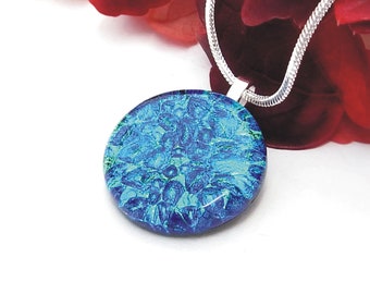 Blue and Green Bubble Dichroic Glass Pendant, Fused Glass Jewellery, Elegant Art Glass Necklace