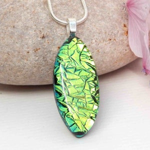 Emerald Green Dichroic Glass Oval Necklace, Fused Glass Jewellery, Green Art Glass Pendant, Intense Glass Jewellery