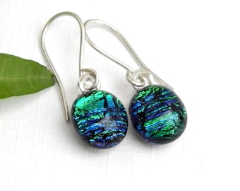 Emerald Green Drop Earrings, Fused Glass Jewelry, Vivid Green Dichroic Glass Dangle Earrings on 925 Sterling Silver Earwires