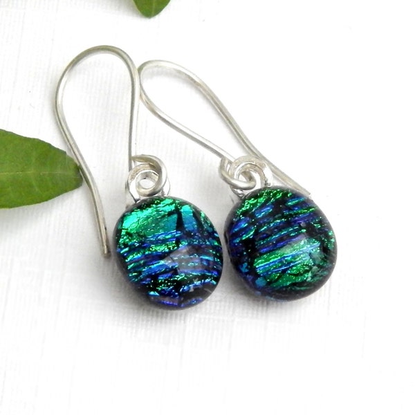 Emerald Green Drop Earrings, Fused Glass Jewelry, Vivid Green Dichroic Glass Dangle Earrings on 925 Sterling Silver Earwires