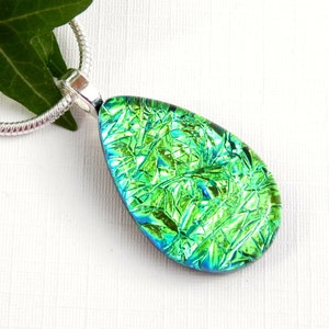 Emerald Green Sparkle Dichroic Glass Droplet Pendant, Fused Glass ...