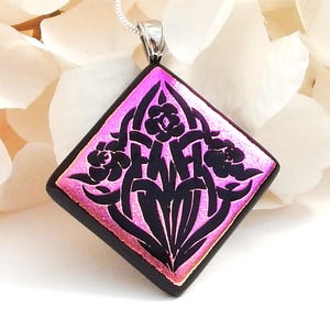 Stunning Golden Pink Etched Glass Art Deco Flower Pendant, Dichroic Glass Necklace, Fused Glass Jewellery