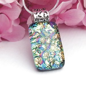Mixed Blue Green Pink and Gold Dichroic Glass Pendant, Fused Glass Jewellery, Springtime Mottled Rainbow Art Glass Necklace