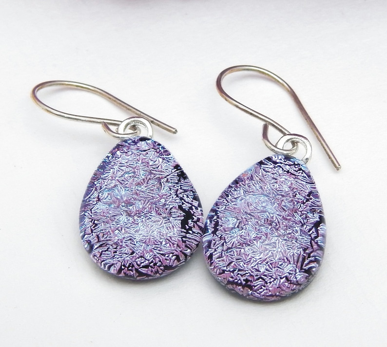 Purple Glass Dangle Earrings Dichroic Glass Drop Earrings Fused Glass Jewelry Mauve Earrings on 925 Sterling Silver Earwires image 1