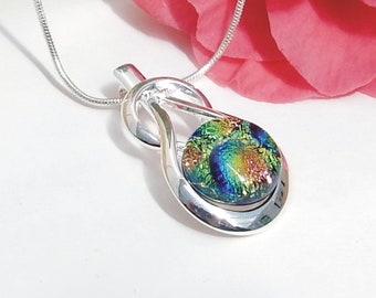 Rainbow Dichroic Pendant - Fused Glass Jewelry - Multicoloured Art Glass Knot Pendant