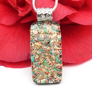 Mixed Gold Blue Green  and Pink Dichroic Glass Pendant, Fused Glass Jewellery, Springtime Mottled Rainbow Art Glass Necklace