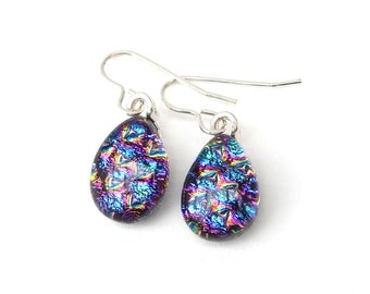 Turquoise Pink Rainbow Dichroic Glass Dangle Earrings on 925 Sterling Silver Earwires, Fused Glass Jewellery, Blue Teardrop Drop Earrings