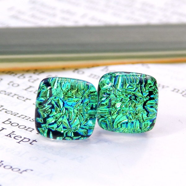 Emerald Green Dichroic Glass Sterling Silver Stud Earrings, Kelly Green Art Glass Post Earrings, Fused Glass Jewelry, St Patricks Day Studs