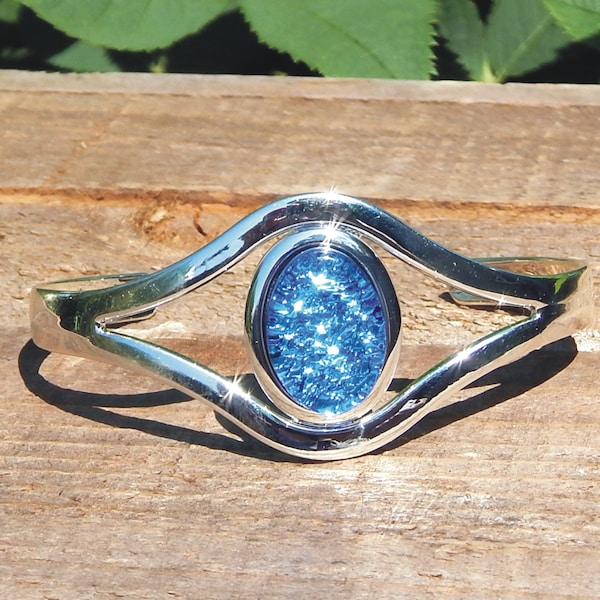 Adjustable Dichroic Glass Cuff Bangle - Blue Fused Glass Jewelry - Eye Shape Art Glass Bracelet