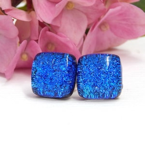Cobalt Blue Dichroic Glass Stud Earrings on 925 Sterling Silver Posts, Fused Glass Jewellery