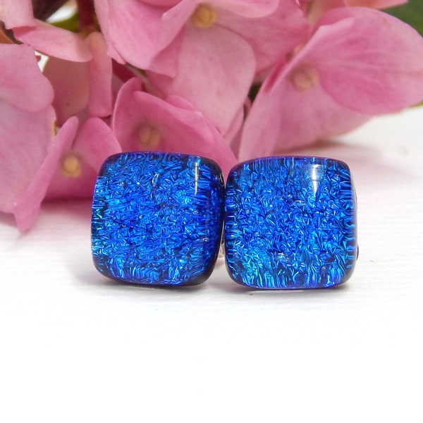Cobalt Blue Dichroic Glass Stud Earrings on 925 Sterling Silver Posts, Fused Glass Jewellery