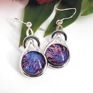 Fused Glass Knot Earrings: Pink Purple Dichroic Art Glass, Sterling Silver