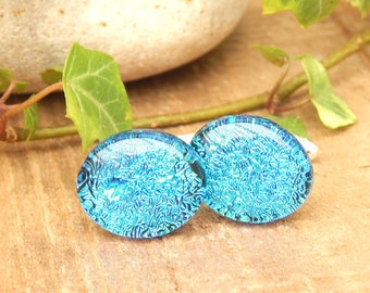 Vibrant Sky Blue Glass Cufflinks - Dichroic Fused Glass Mens Jewelry - Oval T Bar Cuff Links