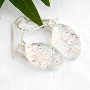 Dichroic Glass Drop Earrings: Fused Art Glass, Sterling Silver.