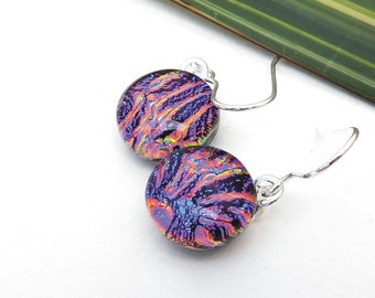 Cerise Pink and Purple Dichroic Glass Dangle Earrings on 925 Sterling Silver Earwires, Fused Glass Dichroic Jewelry,  Round Drop Earrings