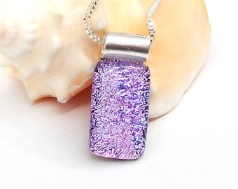 Small Simple Super Sparkly Dichroic Glass Pendant, Fused Glass Jewellery, Mauve Art Glass Necklace, Purple Dichroic Glass Jewellery