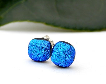 True Blue Dichroic Glass Stud Earrings - Sterling Silver Post Earrings - Blue Glass Jewelry