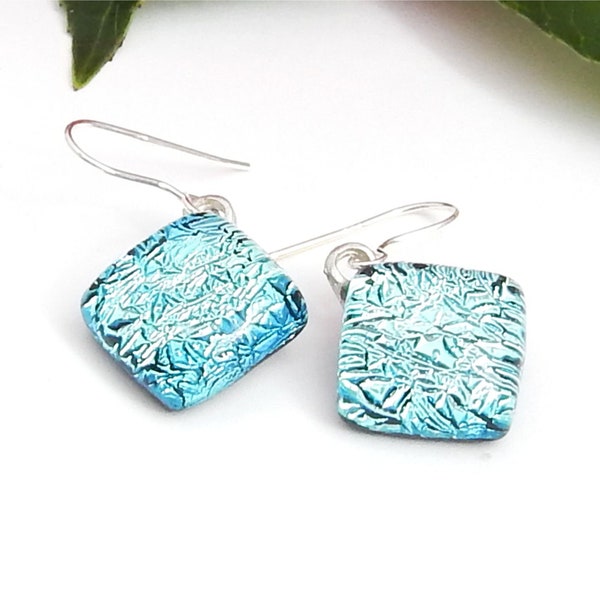 Square Drop Earrings - Silver Blue Dichroic Glass Dangle Earrings on 925 Sterling Silver Earwires - Fused Glass Jewelry