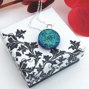 925 Sterling Silver and Teal Green Blue Dichroic Glass Pendant, Fused Glass Jewellery