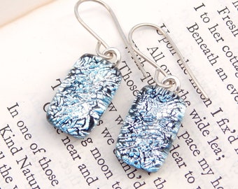 Silver Dichroic Glass Drop Earrings With A Hint of Blue on 925 Sterling Silver Earwires, Fused Glass Jewellery, Silver Art Glass Dangles