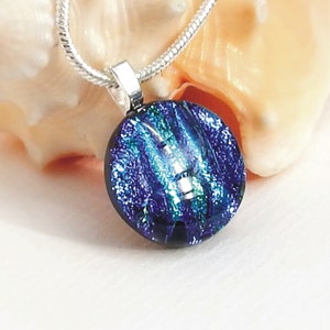 Emerald Green and Cobalt Blue Ripple Dichroic Glass Pendant - Fused Glass Jewelry - Dichroic Glass Necklace