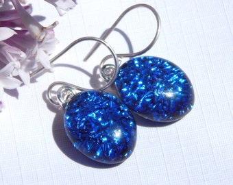 Sparkly Blue Dichroic Glass Dangle Earrings - Fused Glass Jewelry - Blue Glass Drop Earrings on 925 Sterling Silver Earwires